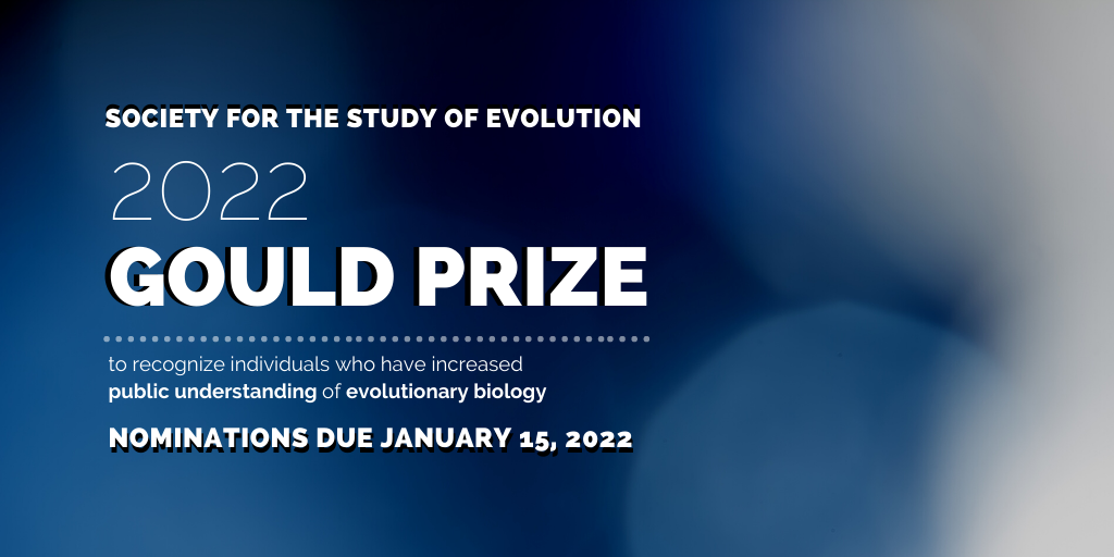The words Gould Prize Nominations due January 15, 2022 in white on a blue background with blurry white and blue circles